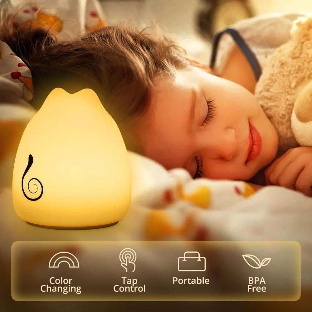 Cute Cat Night Light 7 Colors Silicone Nursery Cat Lamp for Kids Tap Control En image 4