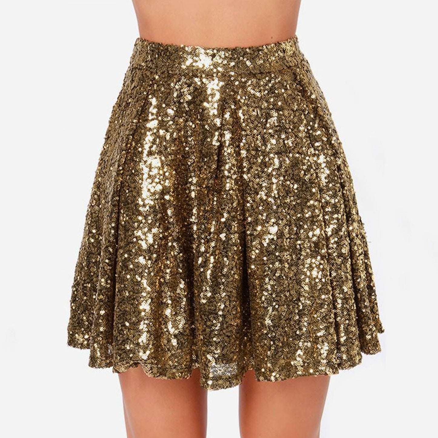 Women's Fashion High Waist Pleated Gold A-Line Short Skirt Loose Sequin Skirt P image 2