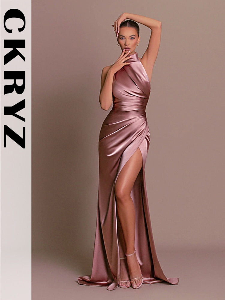 Ladies Satin New Evening Party Dresses Women Sleeveless Backless Halter Side Sl image 1