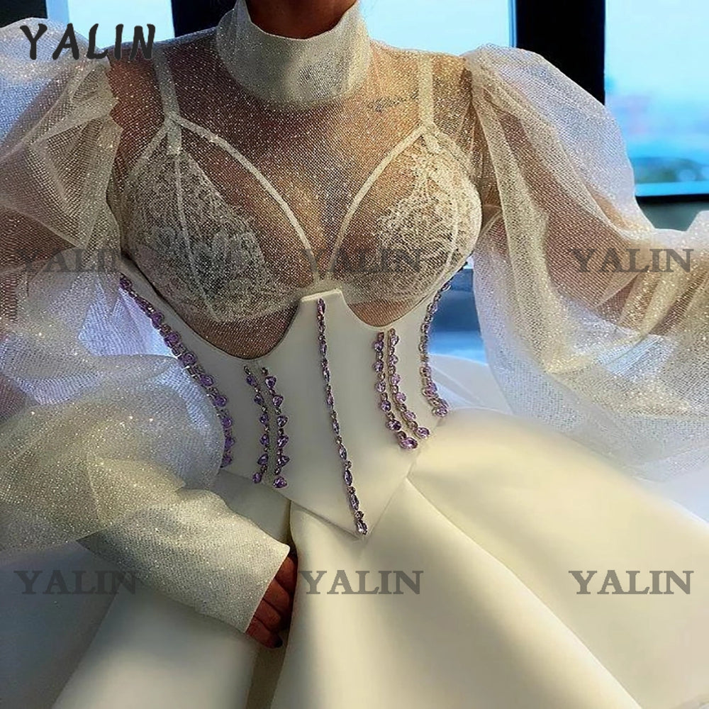 YALIN Little White Gown High Neck Short Puffy Homecoming Dresses Illusion Long image 2