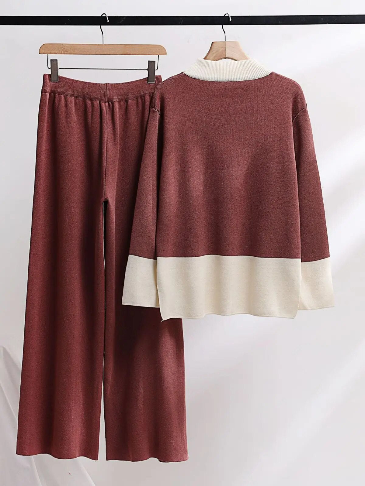 Women Sweater Pant Set Casual Pullovers Suits Color Contrast Winter Knitted Loo image 0