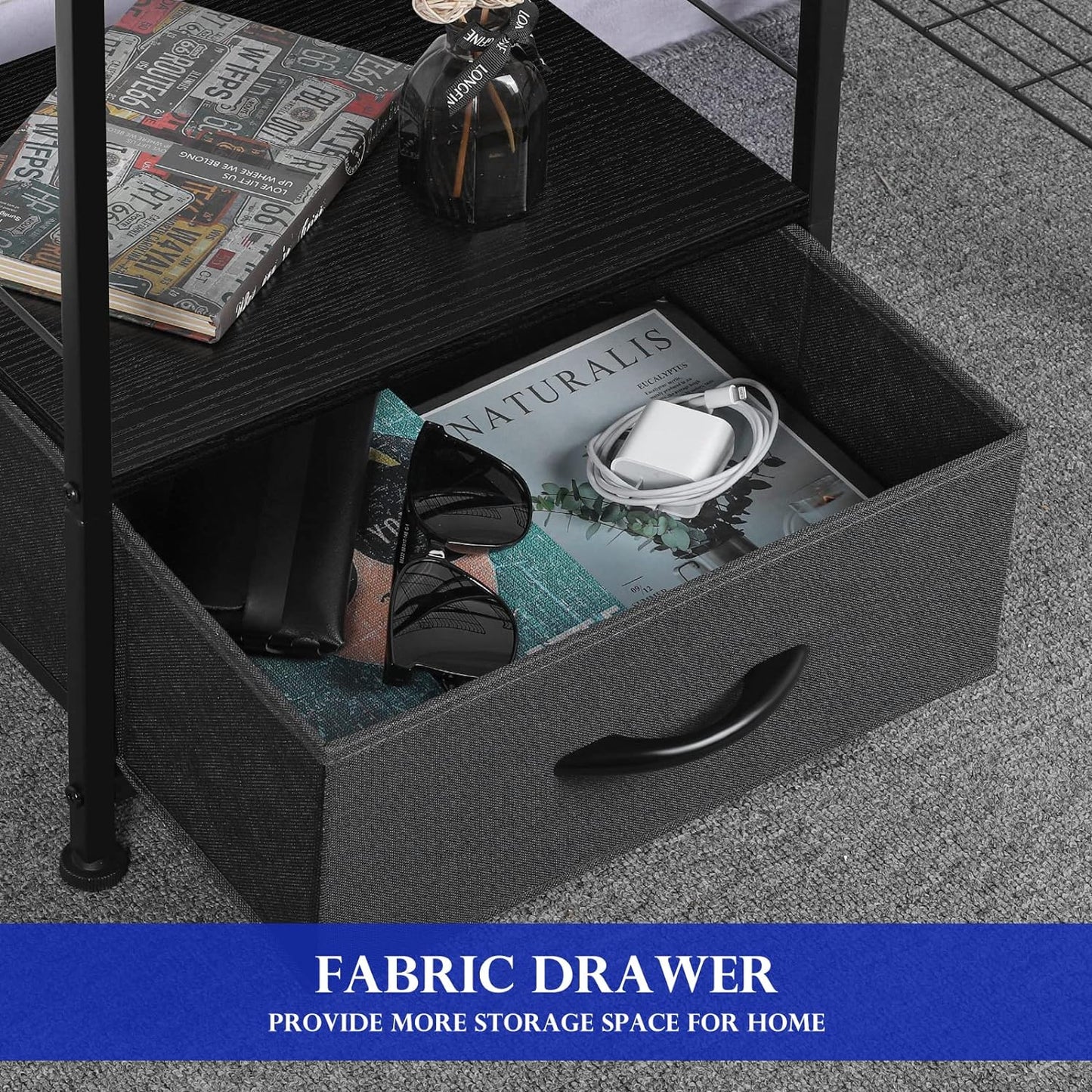 Nightstand with Charging Station Side End Table Fabric Sliding Storage Drawer B image 5