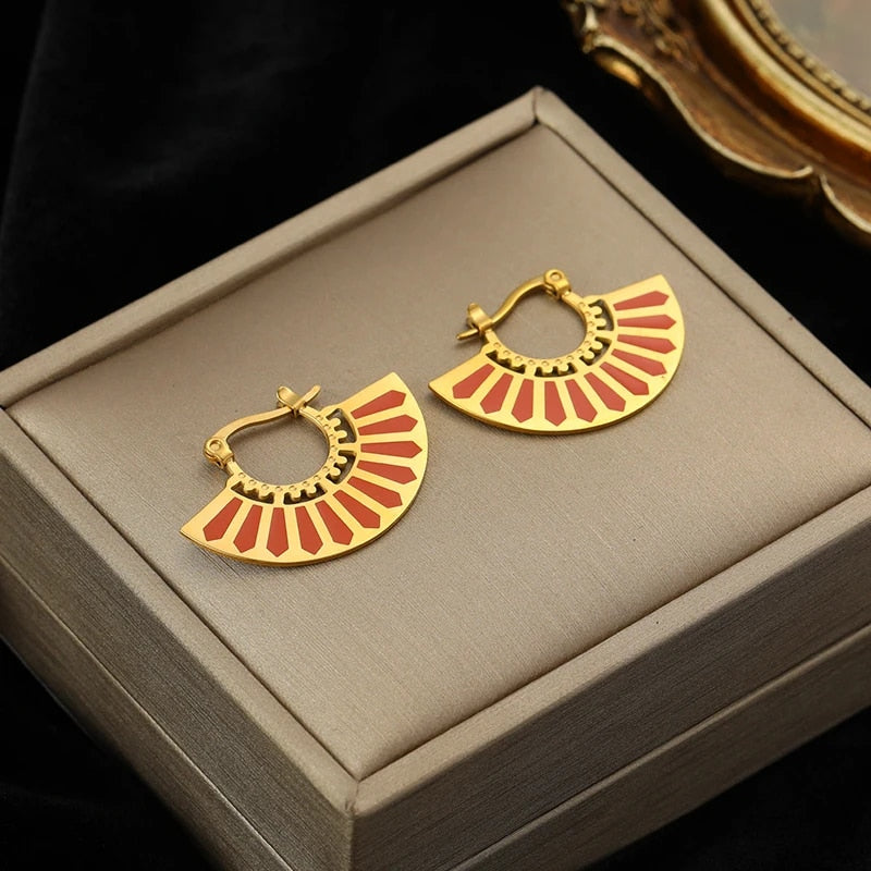 EILIECK 316L Stainless Steel Gold Color Fan Geometric Bohemian Drop Hoop Earrin image 1