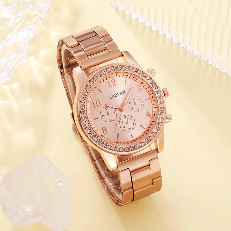 6PCS Set Rose Gold Luxury Watch Women Ring Necklace Earring Rhinestone Fashion image 6