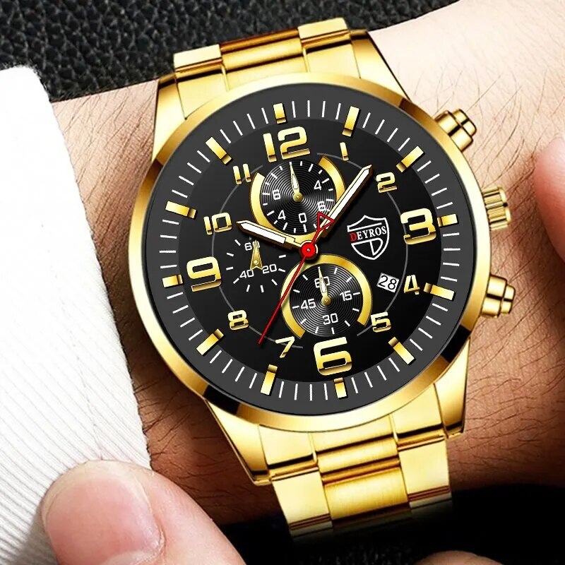 3PCS Fashion Mens Gold Necklace Bracelet Watches Set Men Business Casual Stainl image 6
