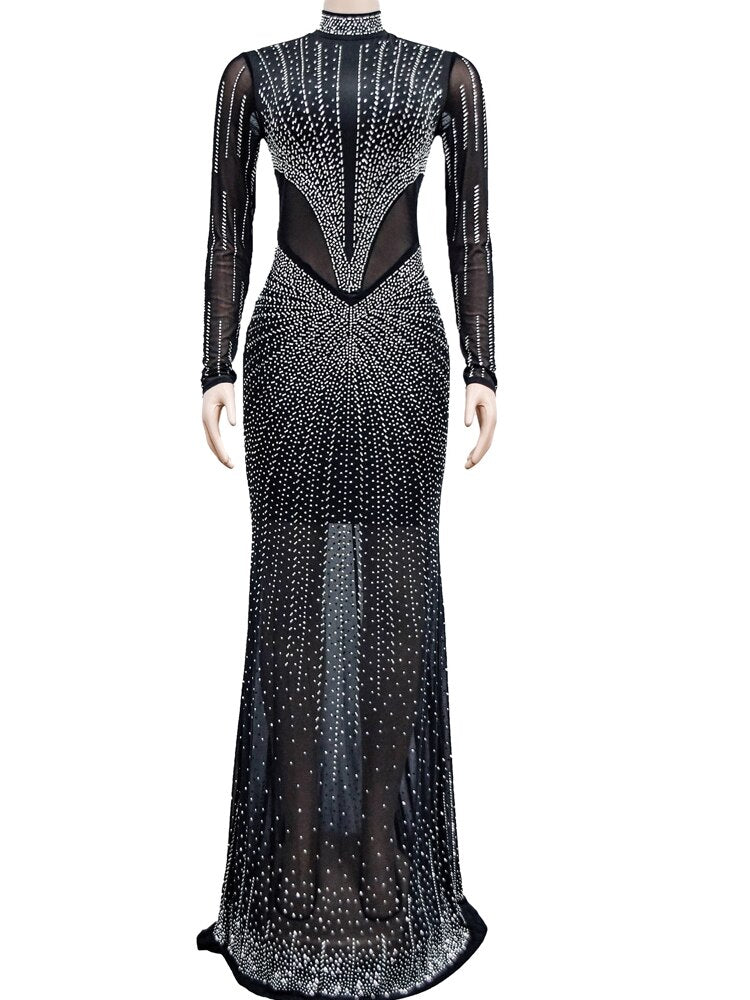Kricesseen Sexy Blue Rhinestones Mesh Patchwork Sheer Maxi Dress Women New Long image 1