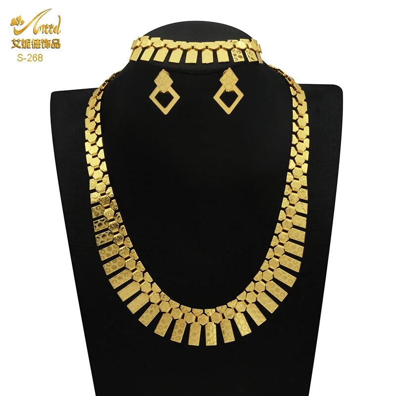 Indian Gold Plated Jewelry Set For Women African Bridal 24K Gold Color Necklace image 26