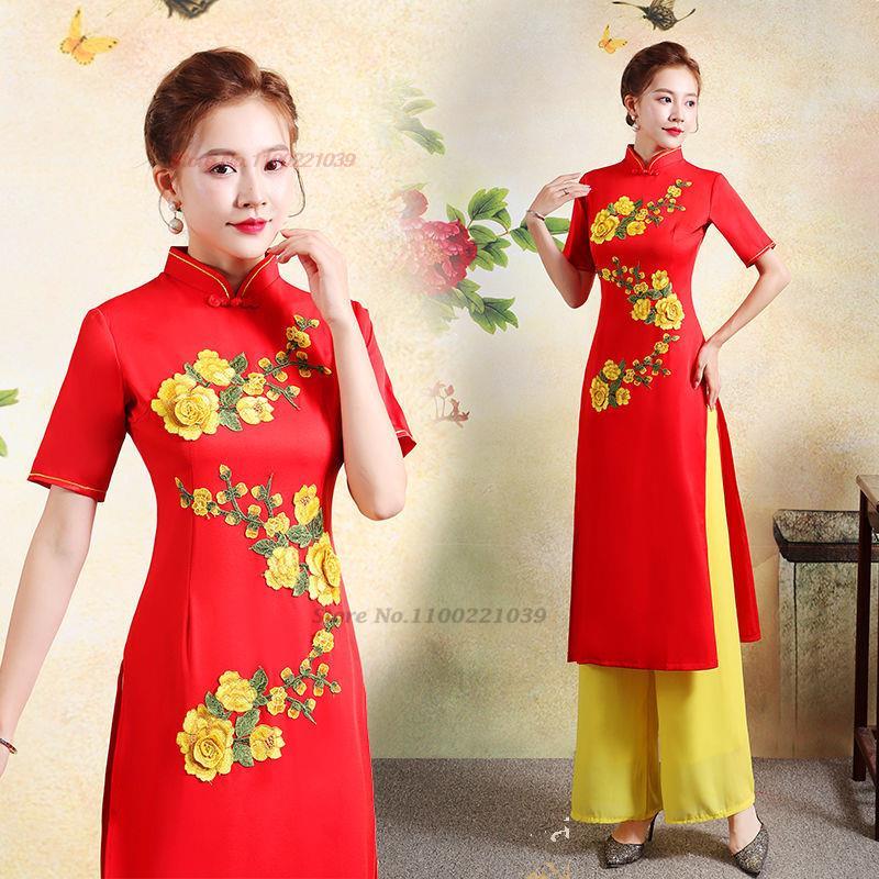 2024 traditional qipao dress cheongsam aodai vietnam aodai dress+pants set vint image 9