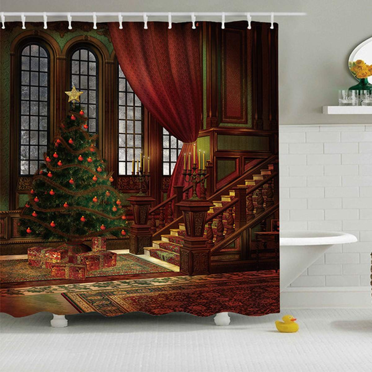 Merry Christmas Bathroom set Christmas Tree Pattern Waterproof Shower Curtain T image 6