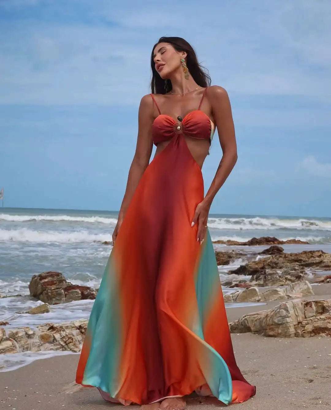 Precioso vestido largo a rayas - Naranja degradado azul sin mangas y sin espalda