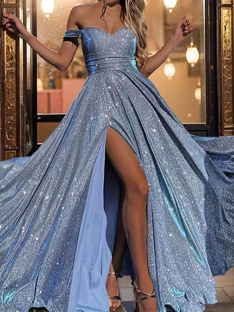 Vestido de fiesta con lentejuelas para mujer: vestido de invitada de boda brillante con hombros descubiertos