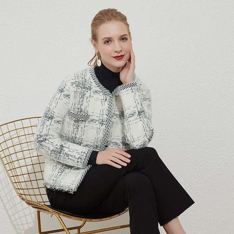 Women's Long Knitted Cardigan Wool Blend Sweater with Plaid Pattern and Rabbit Fur Trim