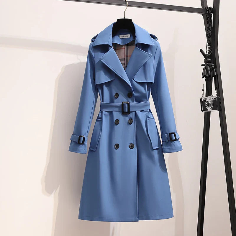 High Quality Simple Style Windbreaker Double Breasted Lapel Trench Coat Women Mid Length Coat