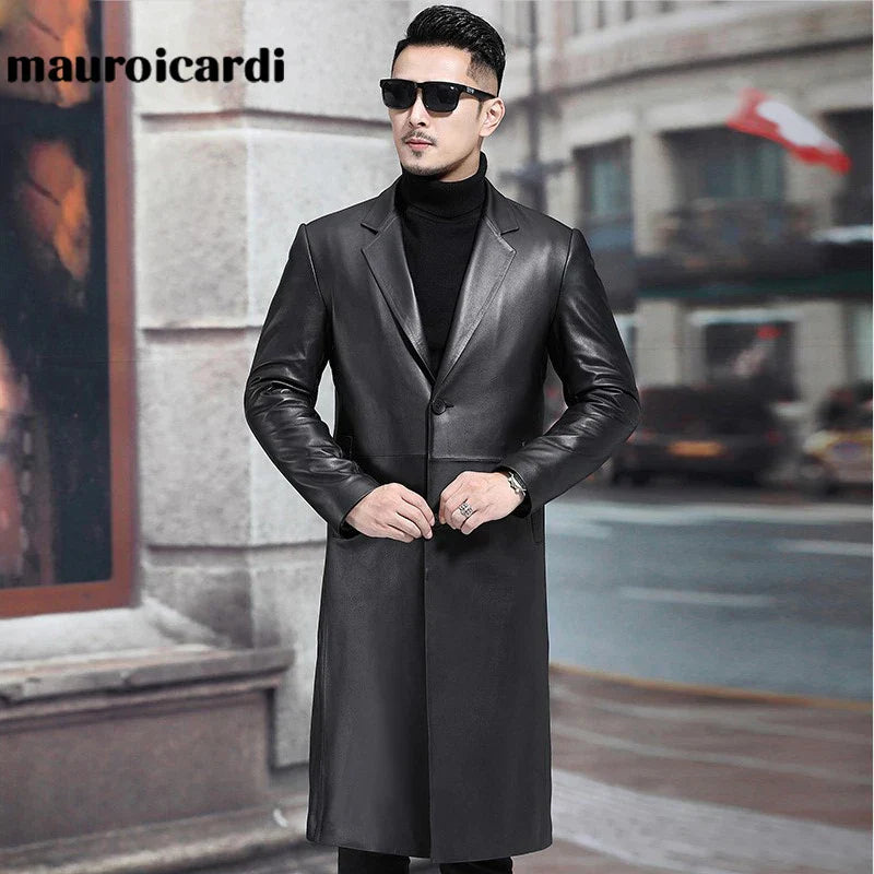 Mauroicardi Spring Autumn Long Black Mens Leather Blazer Jacket Long S