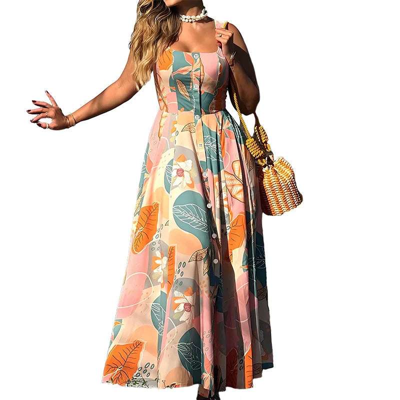 Vestido playero elegante de verano, a la moda, con cuello halter, estampado, listo para enviar. Vestido de vacaciones para mujer.