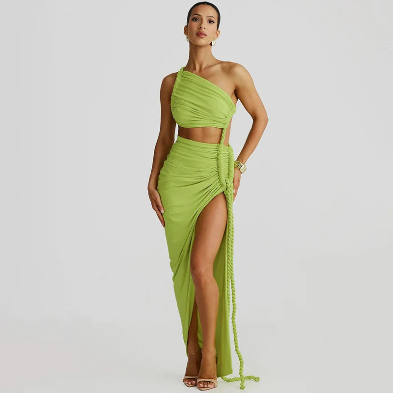 Vestido midi sexy para mujer, nuevo diseño, con un hombro al descubierto, escote en V, espalda descubierta, plisado, sin mangas, con abertura
