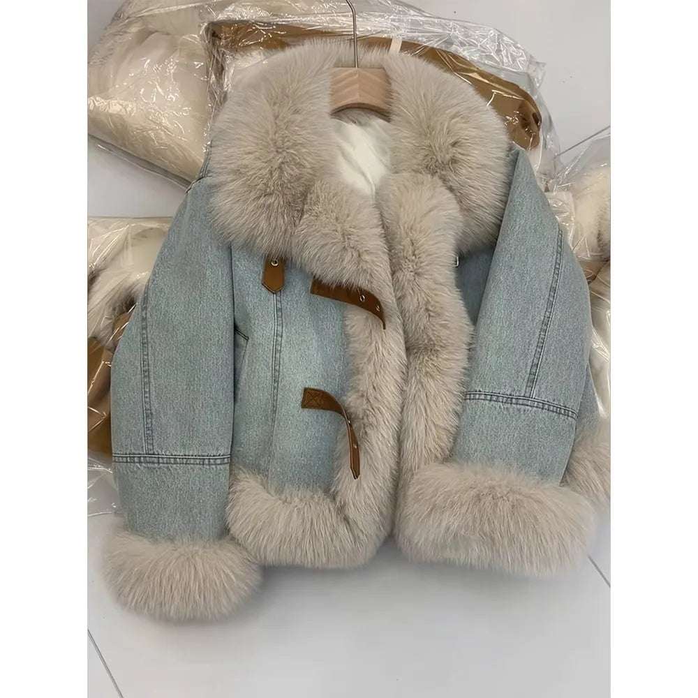 Large Fur Collar Denim Coat Women Clip Cotton Short Winter 2024 New Thick Warm Fur One With Fleece Coat