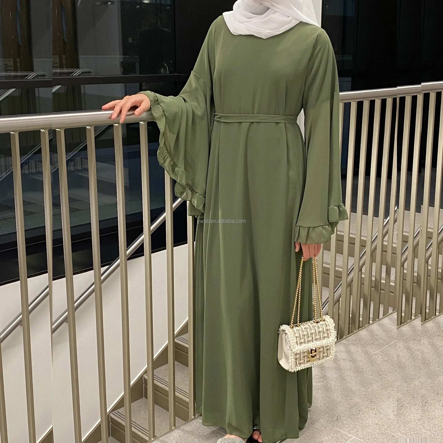 Latest Designs Turkish Long Abaya Muslim Dress Women Dubai Islamic Clothing Modest Evening Ruffled Sleeves Chiffon Dress Abaya
