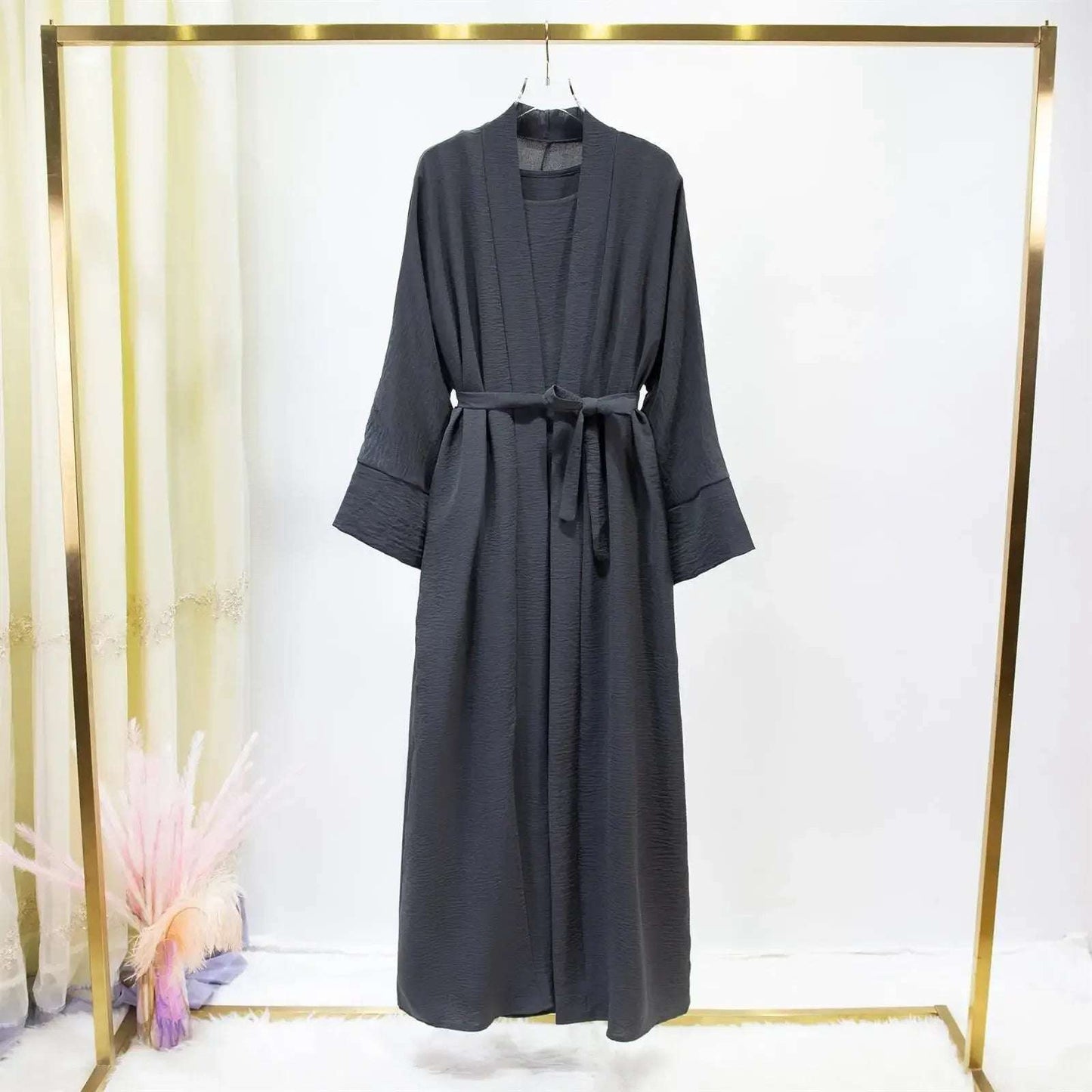Ramadan Prayer Kaftans Islamic Clothing Muslim Jilbabs with Belt Muslim Sets 2pics Sleeveless Inner Dress and Open Front Abayas