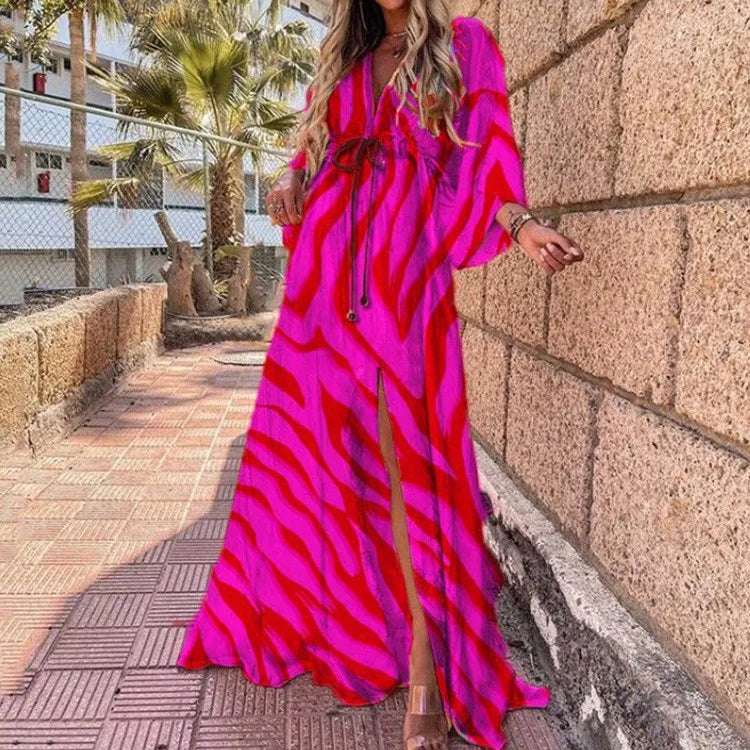 Venta al por mayor, nuevo vestido largo de verano estilo vacaciones, escote en V profundo, vestidos largos, vestido de vacaciones multicolor