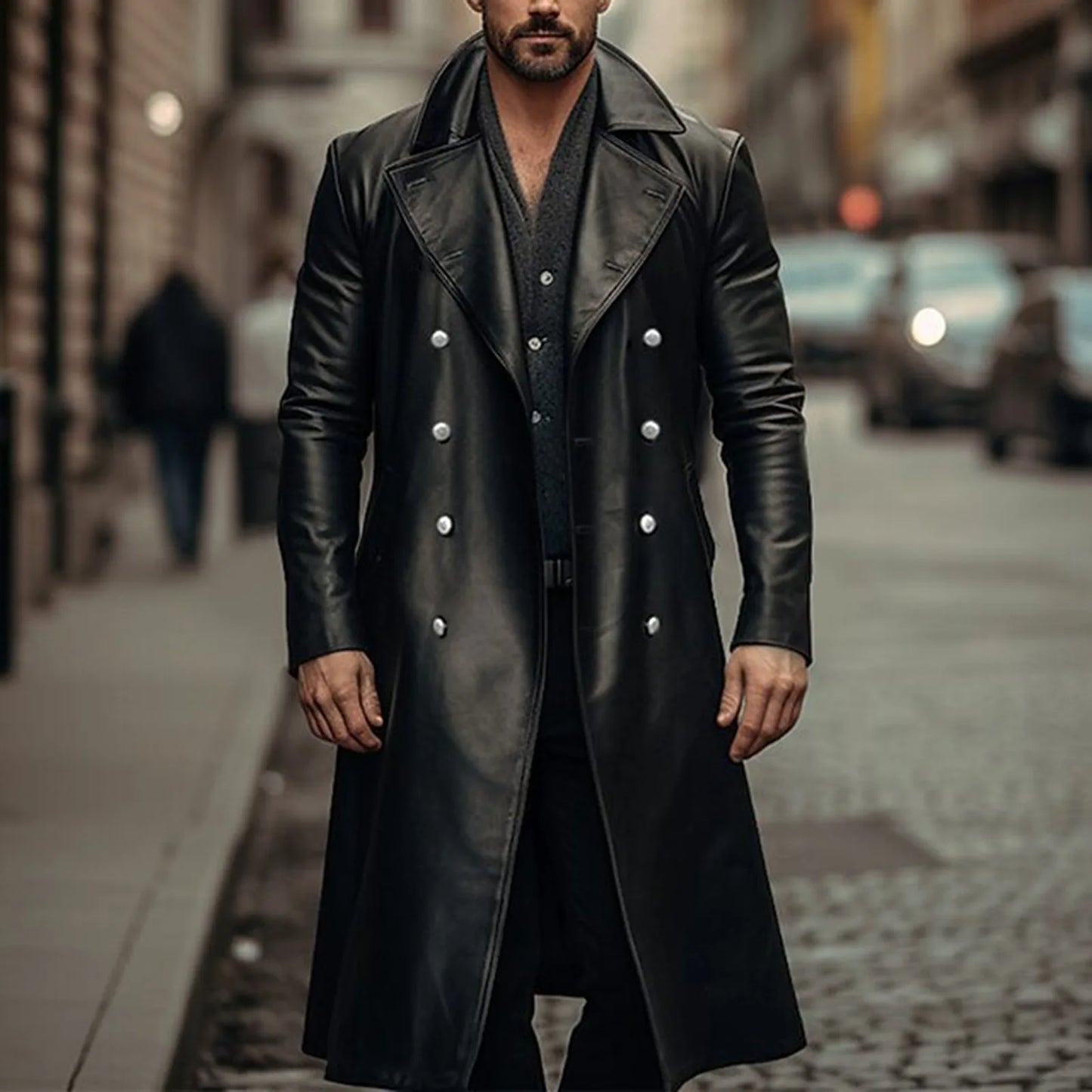 Men Outerwear Vintage Leather Thicken Slim Fitting Mid Length Zippered Jacket Trench Coat Winter Suit Coat For Men Fashion