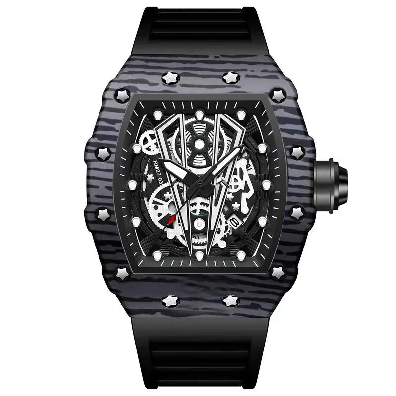Reloj BINBOND para hombre, estilo barril dominante, con espejo curvo y superficie hueca, deportivo, de pulsera de cuarzo de silicona.
