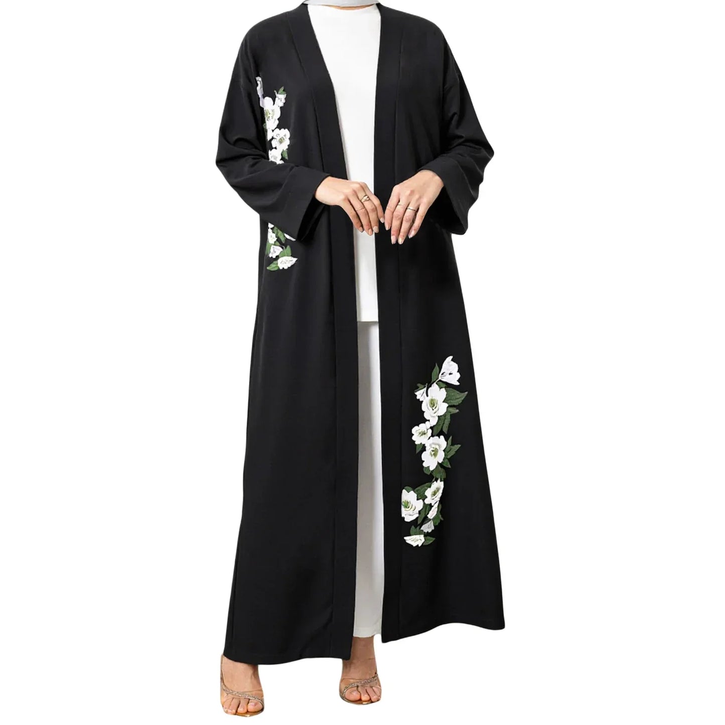 Elegante cárdigan abaya abierto con estampado floral para mujer con mangas largas: elegante caftán dubaití para oración y uso diario.