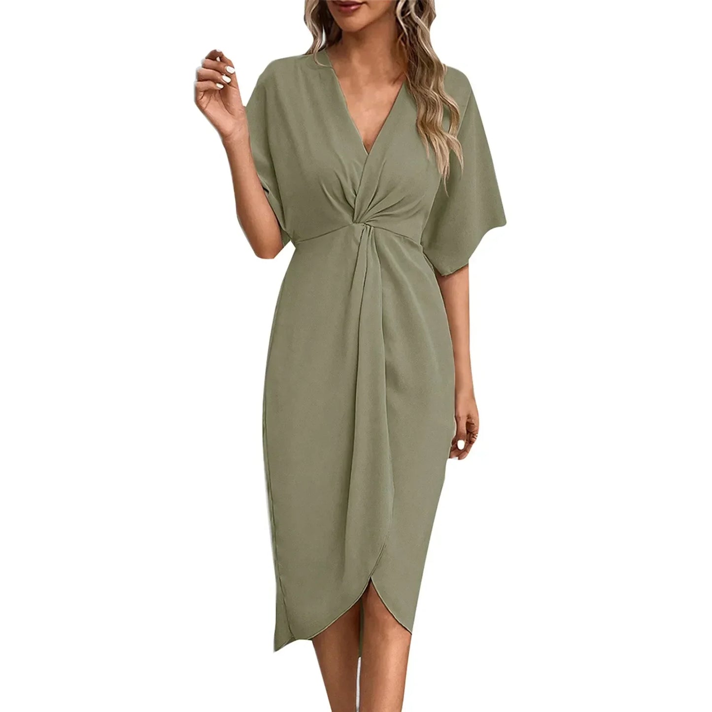 Vestidos elegantes de mujer con cuello en V irregulares plisados temperamento casual Sh
