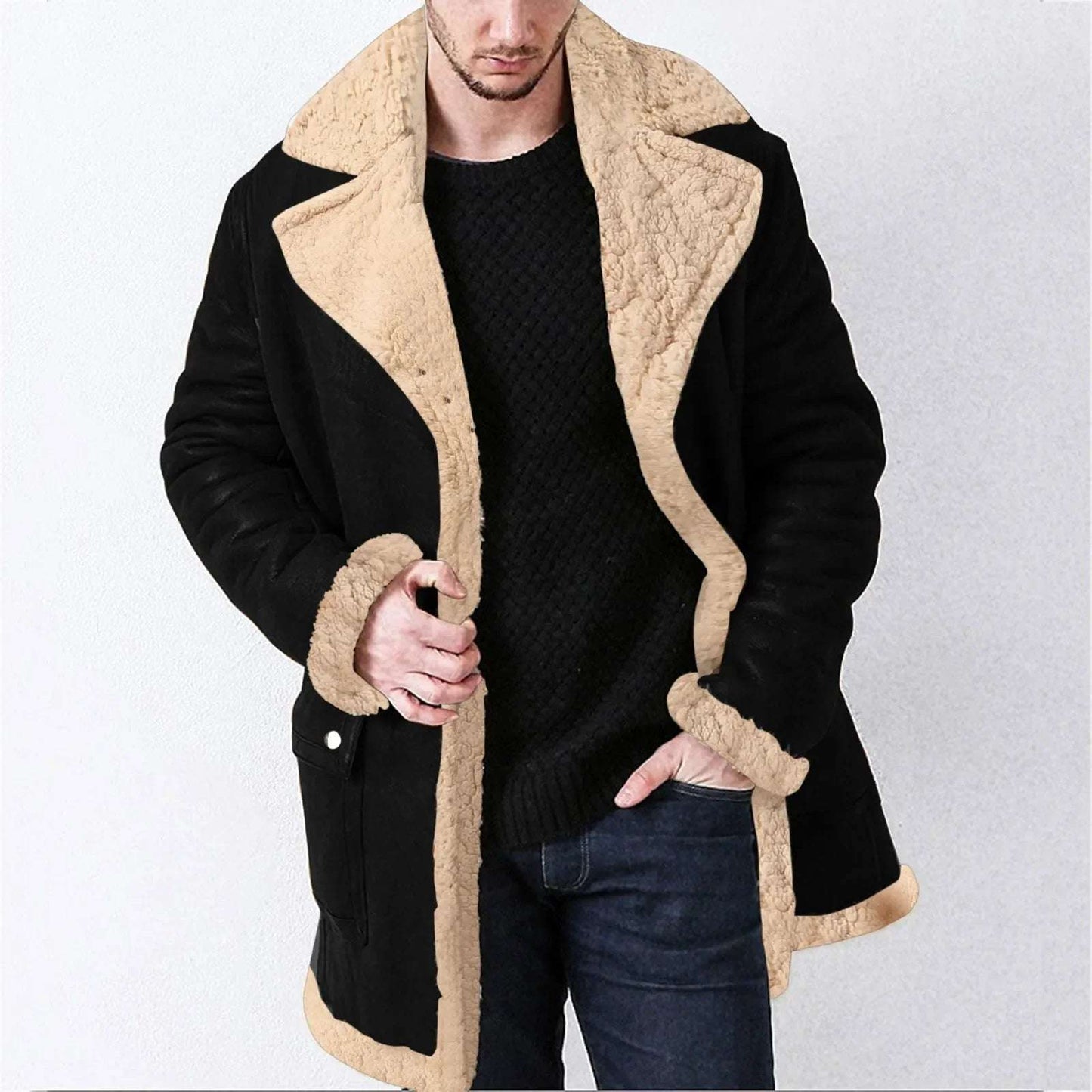 Mid Length Jacket Men Winter Zipper Coat Lapel Long Sleeve Padded Leat