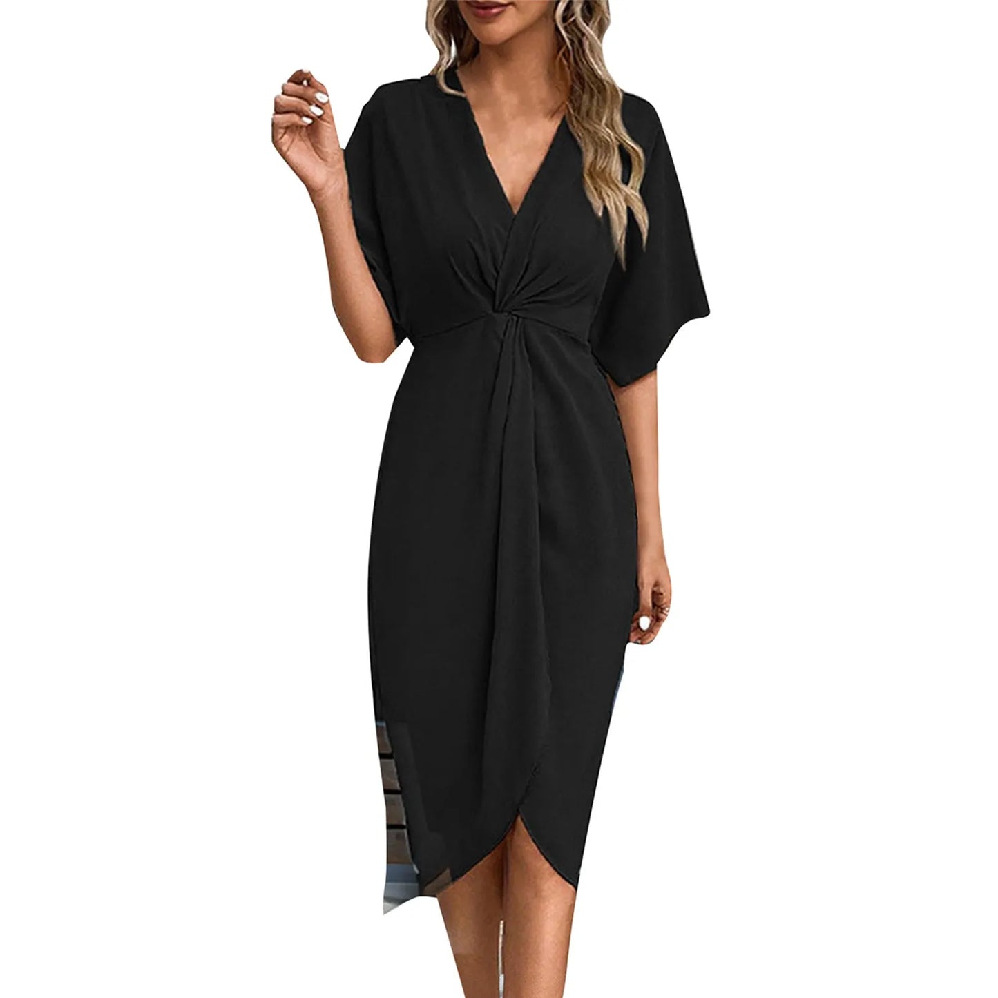 Vestidos elegantes de mujer con cuello en V irregulares plisados temperamento casual Sh