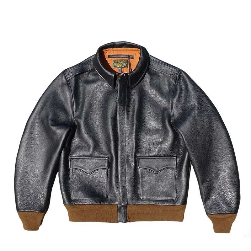 Chaqueta de cuero vacuno importado de grano completo de 1,7 mm de peso pesado Blunt Razor para traje de vuelo de hombre, chaqueta de cuero con solapa A2.