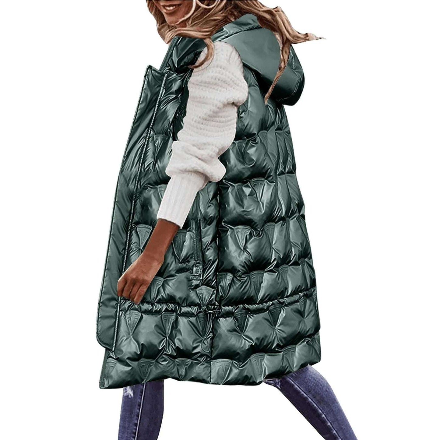 Chaleco largo con capucha de otoño e invierno, abrigo de algodón de plumón, chaqueta de mujer, chaqueta sin mangas brillante de moda, abrigo acolchado cálido, parkas