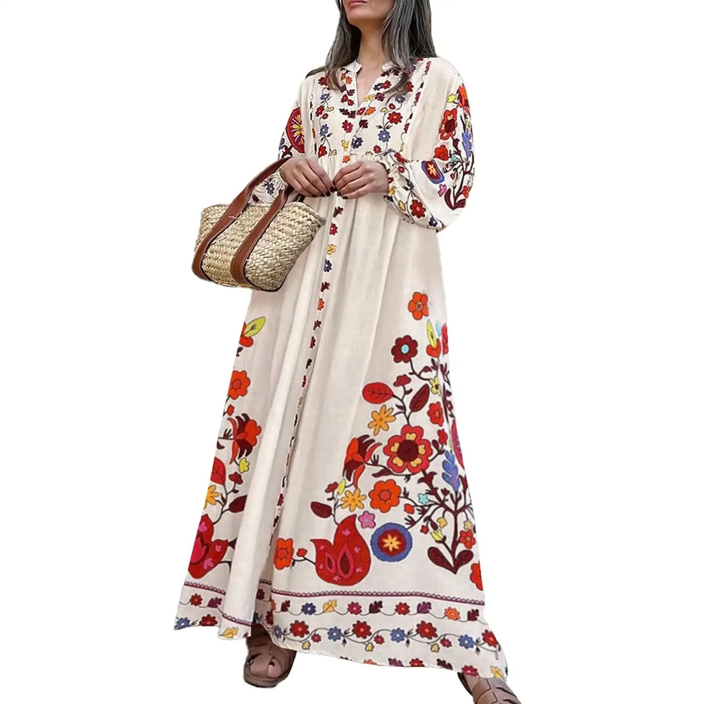 Women s Elegant Floral Print V-Neck Long Sleeve Maxi Dress with Flowy Silhouette for Casual Fall Style