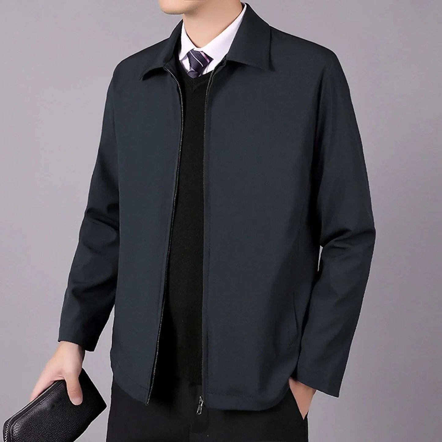 Men'S Autumn And Winter Business Coat Casual Stand Up Collar Long Zipp