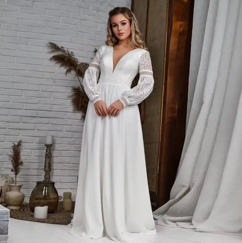 Plus Size Lace Chiffon Wedding Dress Customized A Line Bohemian Bride Gown Long Sleeves V Neck Corset Boho Bridal Dresses