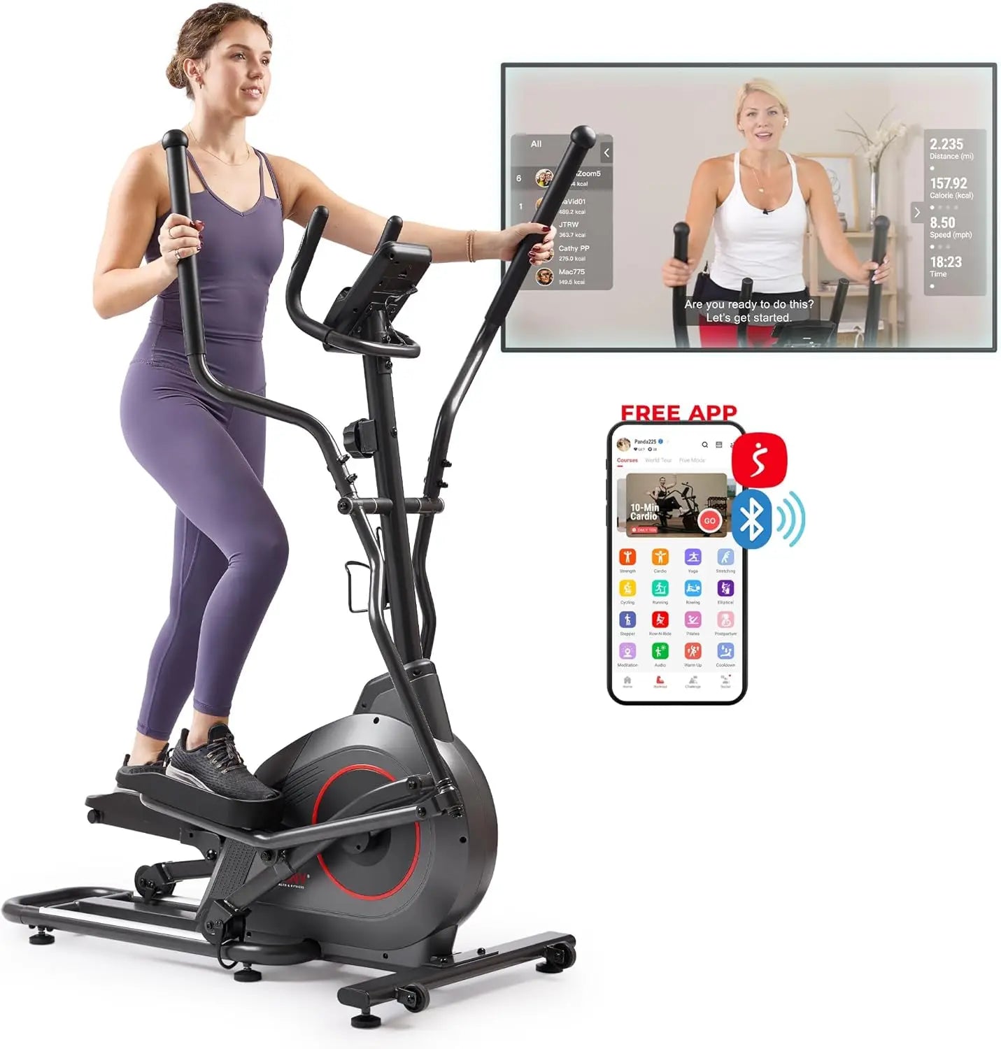 Smart Upright Elliptical w/Pulse Sensor Built-in, Indoor Full-Body Cross-Training & Cardio Exercise Machine for Home, Free Sunny
