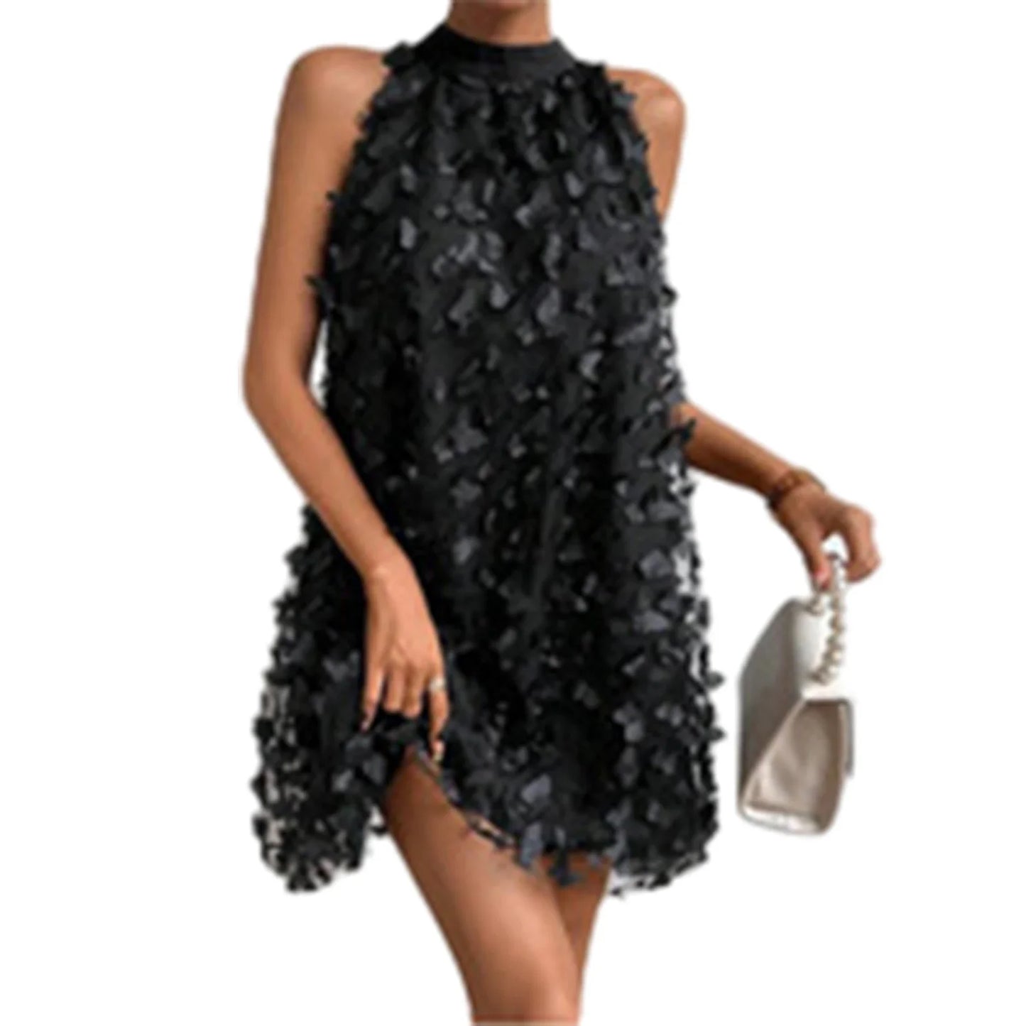Elegante vestido de encaje bordado sin mangas con cuello halter, apliques florales y malla para cóctel de verano.