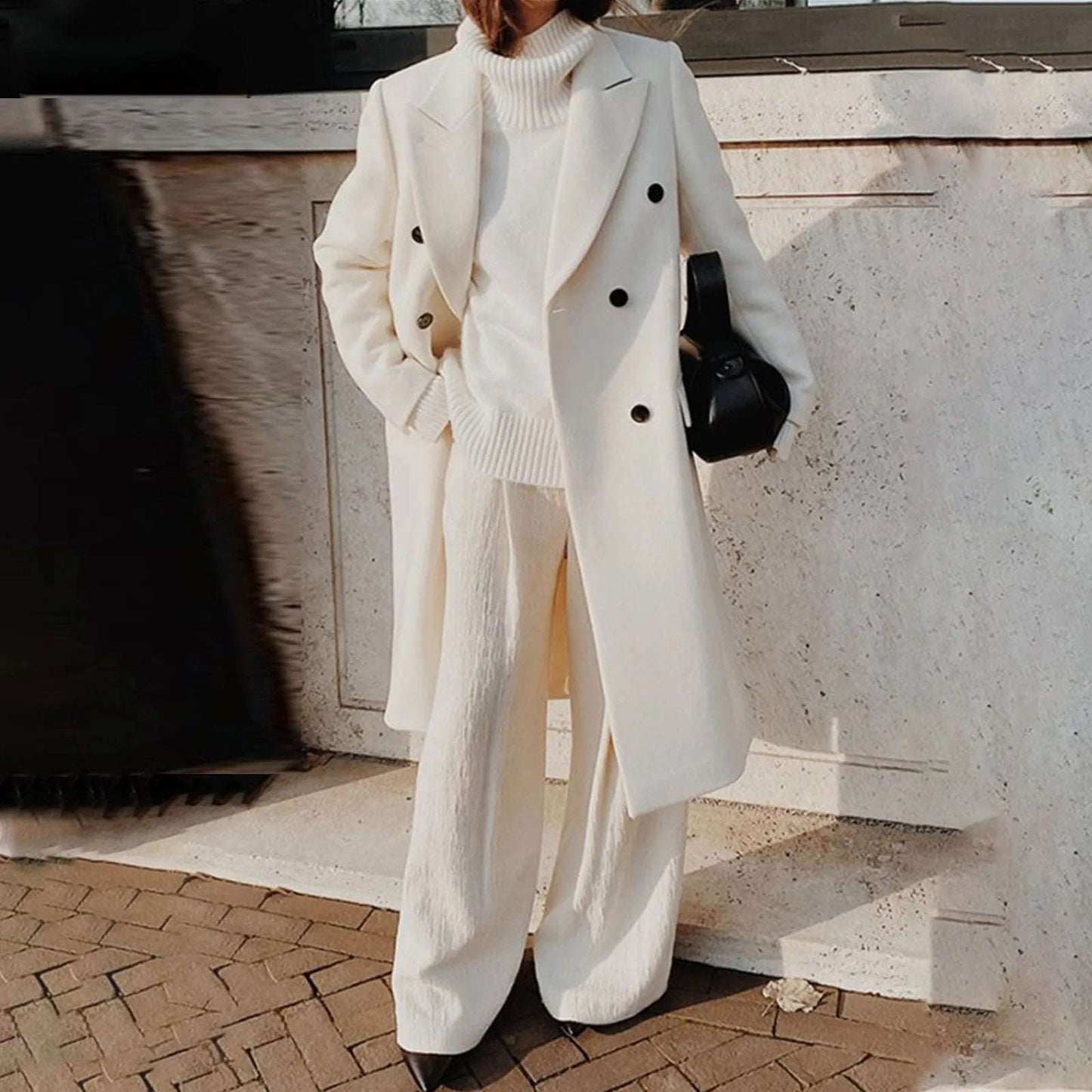 Elegante gabardina larga de mezcla de lana blanca para mujer, elegante abrigo cruzado