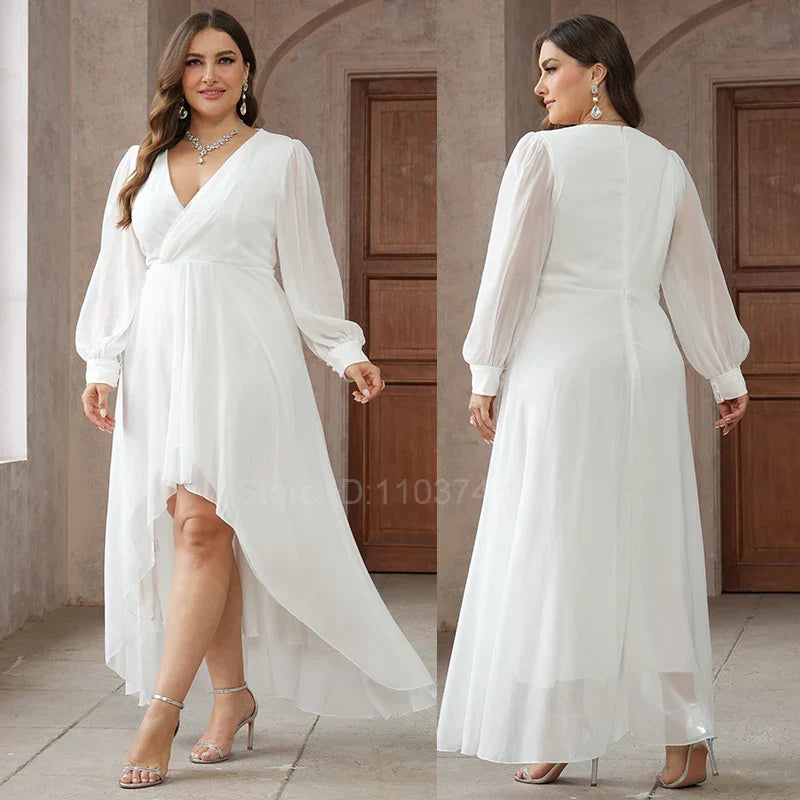Vestido de mujer de talla grande, nueva moda 2024, de gasa con cuello en V, manga larga, blanco, elegante e informal.