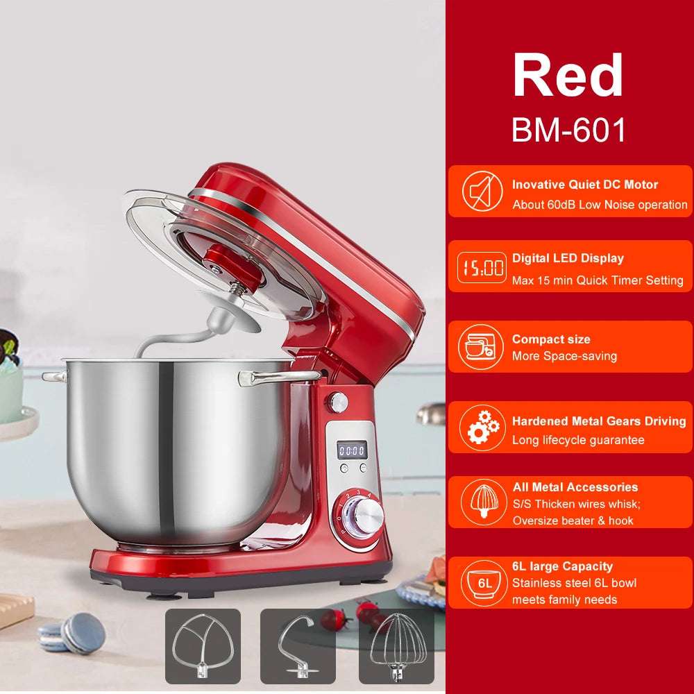 Batidora de pie BioloMix para cocina, licuadora, motor silencioso, batidor de huevos y crema, amasadora, 6 velocidades, 1200 W, 6 L, CC