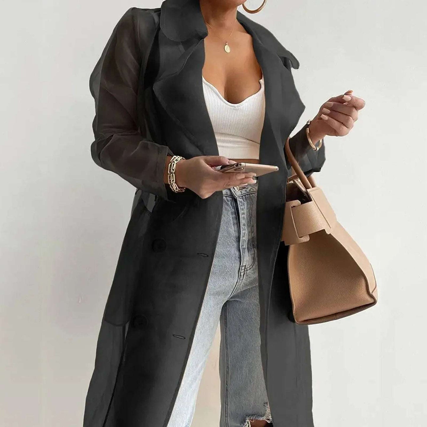 Chaquetas para mujer, abrigo de malla transparente, abrigo de manga larga con botones