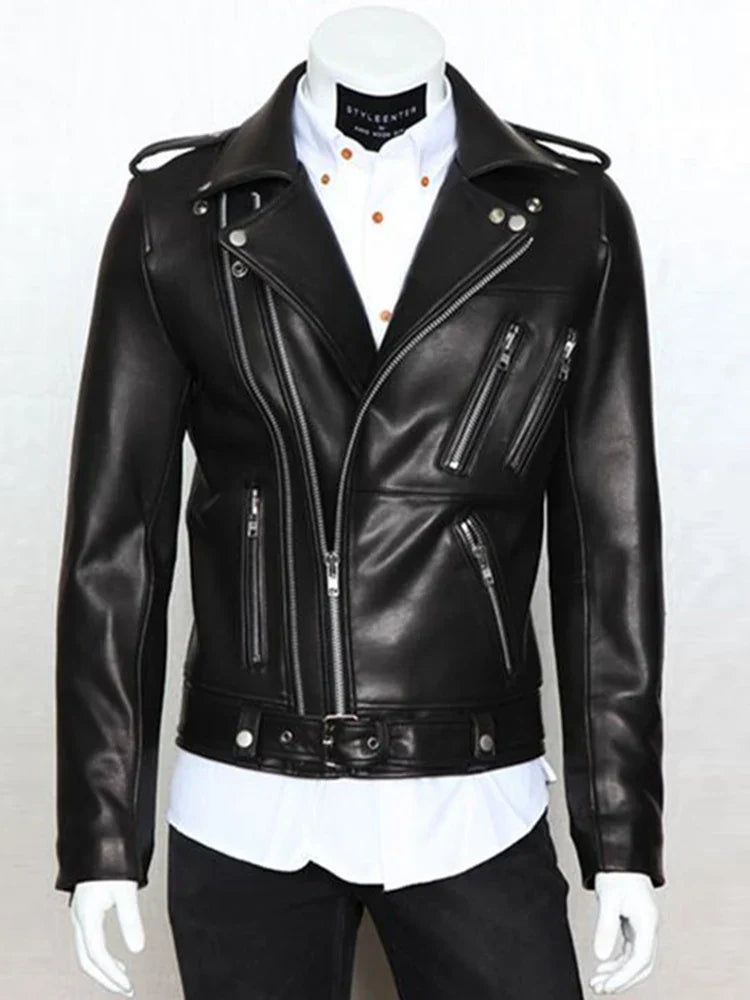 Mauroicardi Spring Autumn Cool Black Soft Faux Leather Jacket Men with