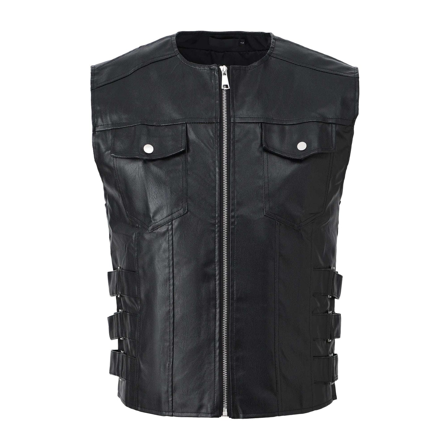 Men's Motorcycle Faux Leather Vest Sleeveless Style Coat Collarless Fa