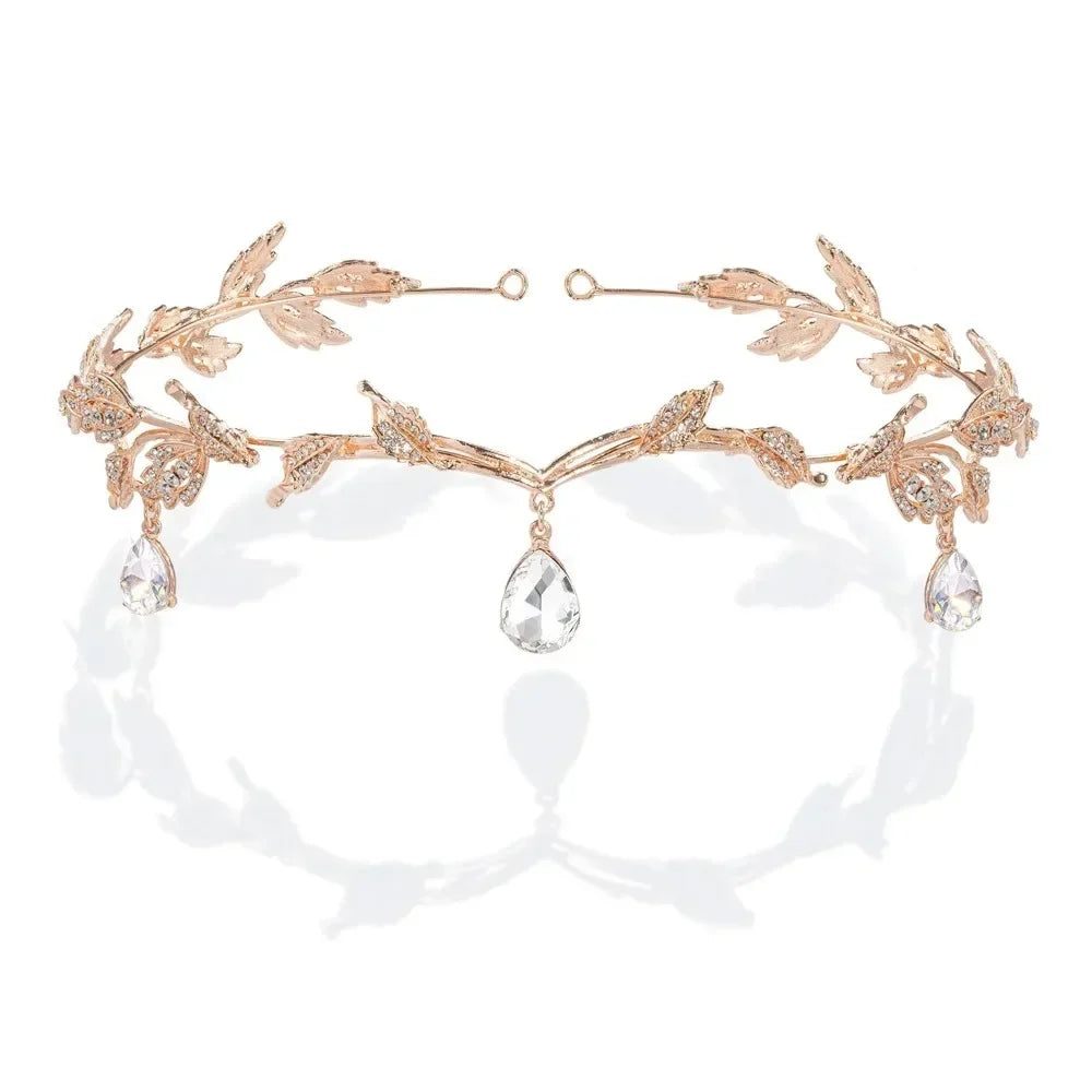Diadema nupcial con hojas de cristal, diadema para la frente para dama de honor, tiara nupcial con diamantes de imitación