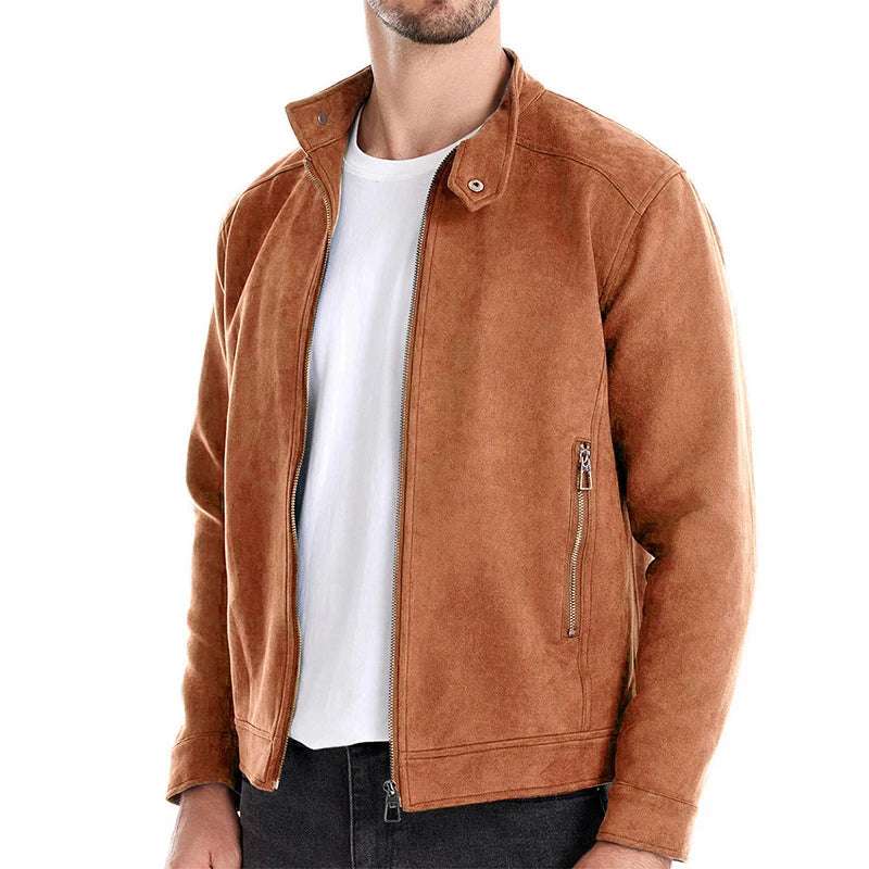 Men s Classic Suede Bomber Jacket with Stand Collar and Zipper Closure