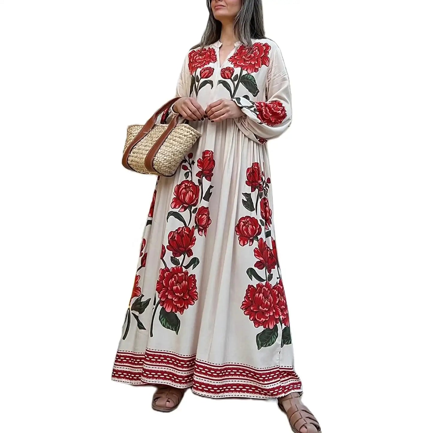 Women s Elegant Floral Print V-Neck Long Sleeve Maxi Dress with Flowy Silhouette for Casual Fall Style