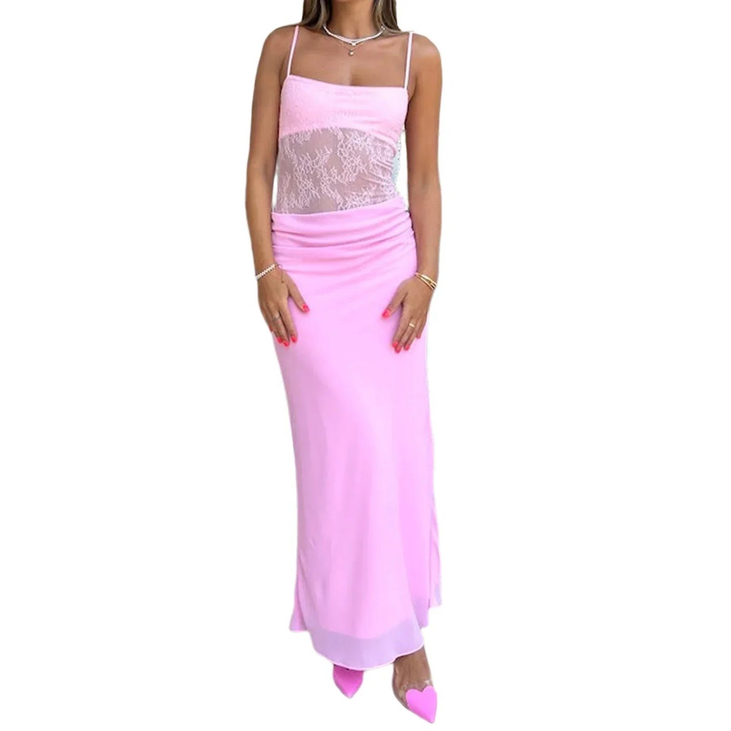 Vestido largo elegante con estampado floral para mujer, sin mangas, escote en V, espalda abierta, encaje, patchwork, estilo bohemio, para fiesta en la playa
