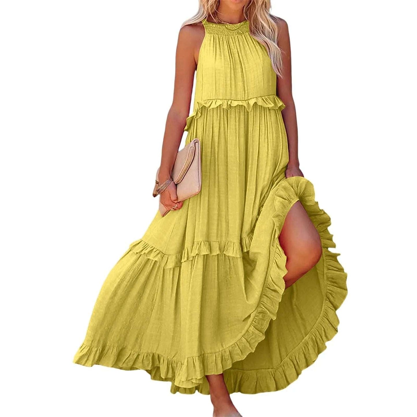 Vestidos de mujer Vestido largo de verano con cuello redondo Vestido con volantes plisado Romántico Gran Swing Playa Vestidos elegantes Moda 2024