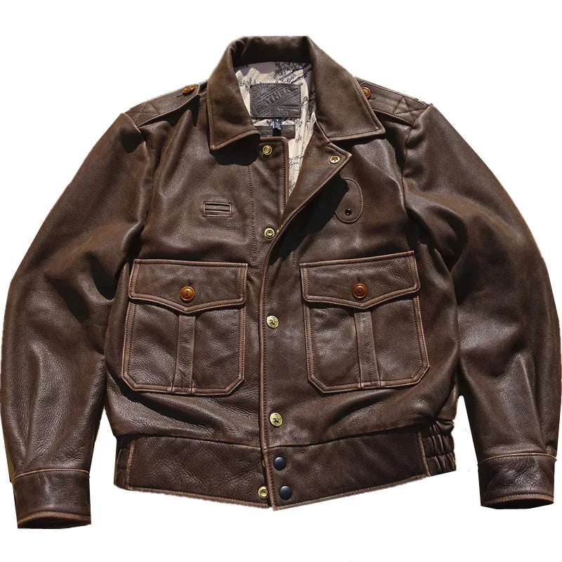 Chaqueta de cuero California Patrol, estilo vintage, con capa de cabeza antigua, gruesa y suave, de piel de vaca, americana, para hombre.