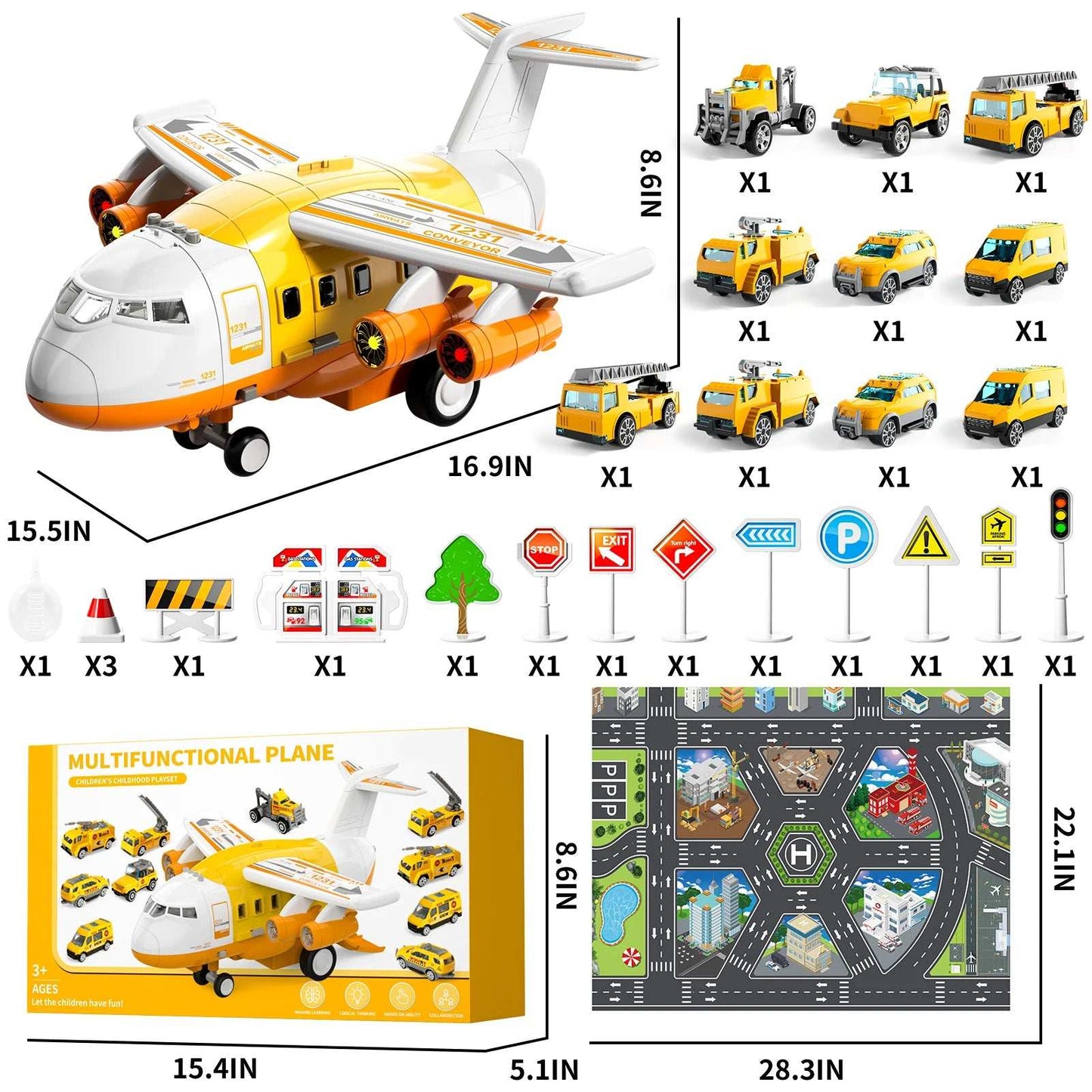 Avión de juguete para niños de 4 a 8 años, gran avión de transporte con aerosol, con 10 vehículos de bomberos, ideal como regalo de cumpleaños.